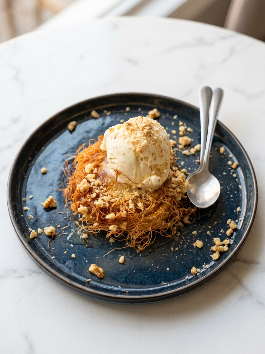 Kataifi-Dessert mit Eis und Nüssen