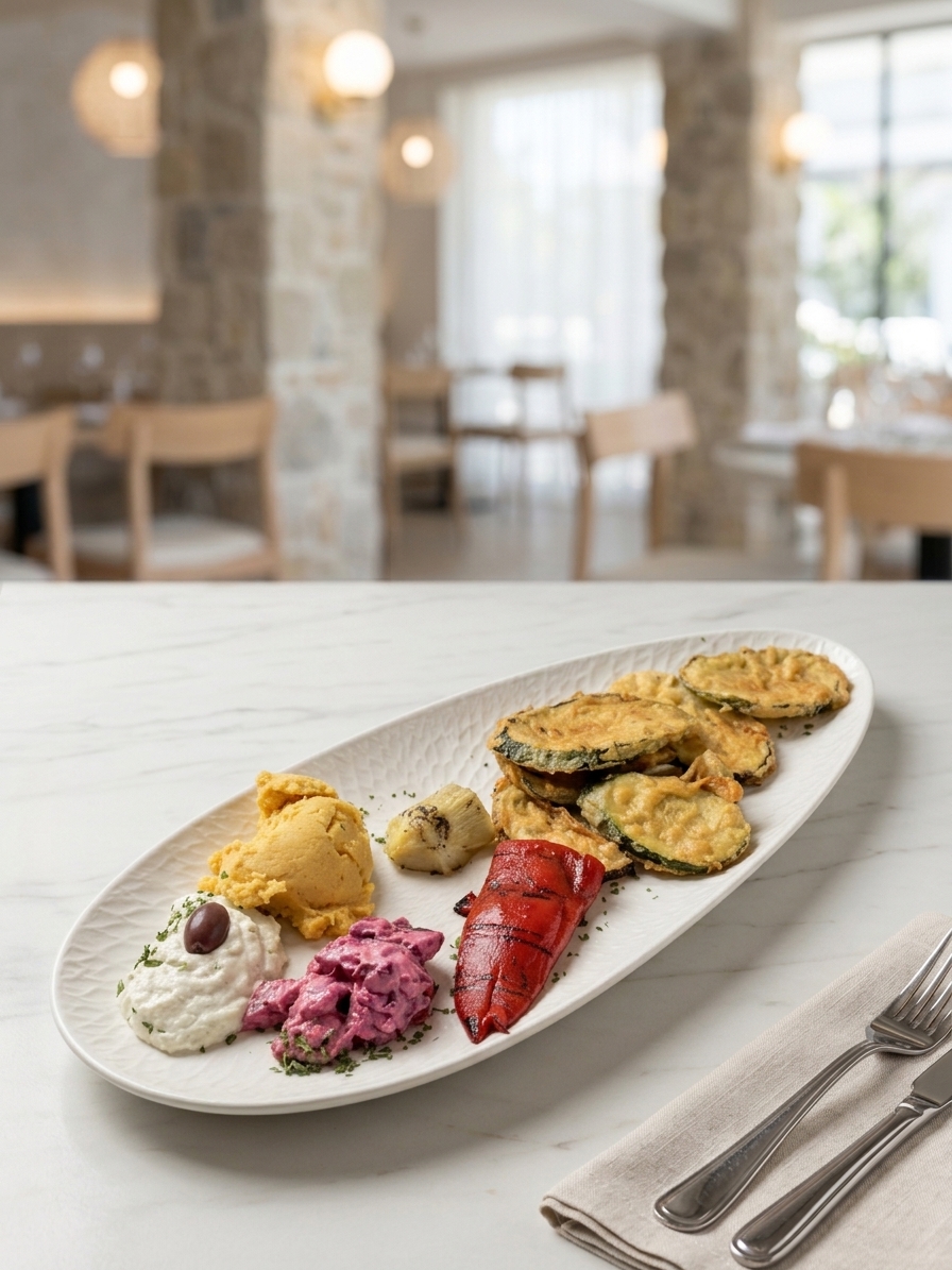Griechische Vorspeisenplatte mit Dips und Gemüse