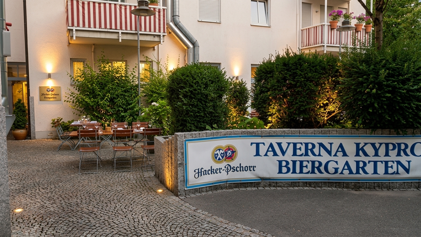 Begrünter Biergarten der Taverna Kypros