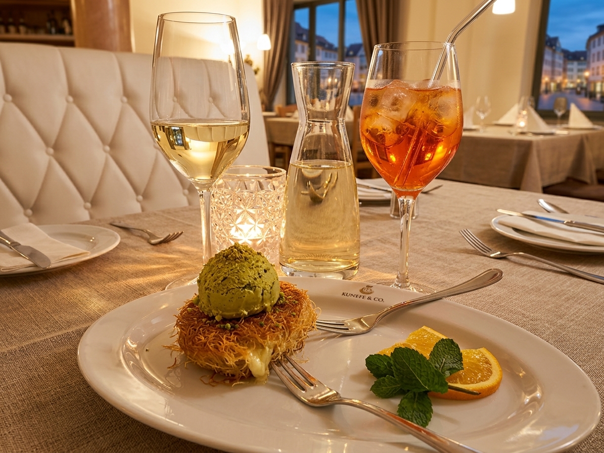 Dessert, Wein und Aperitif im warmen Abendlicht